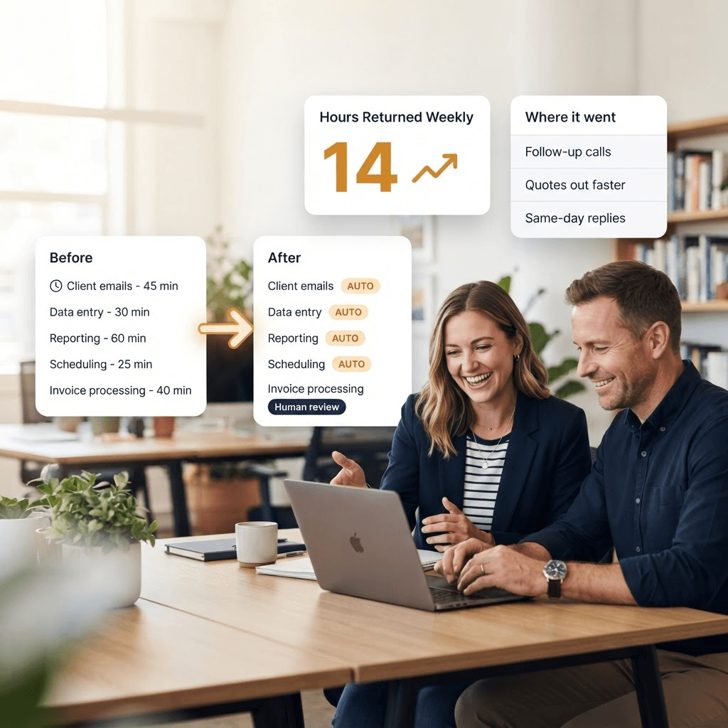 Two office staff reviewing AI-assisted work, alongside a before-and-after panel showing recurring tasks switching to automated and a total of fourteen hours returned each week