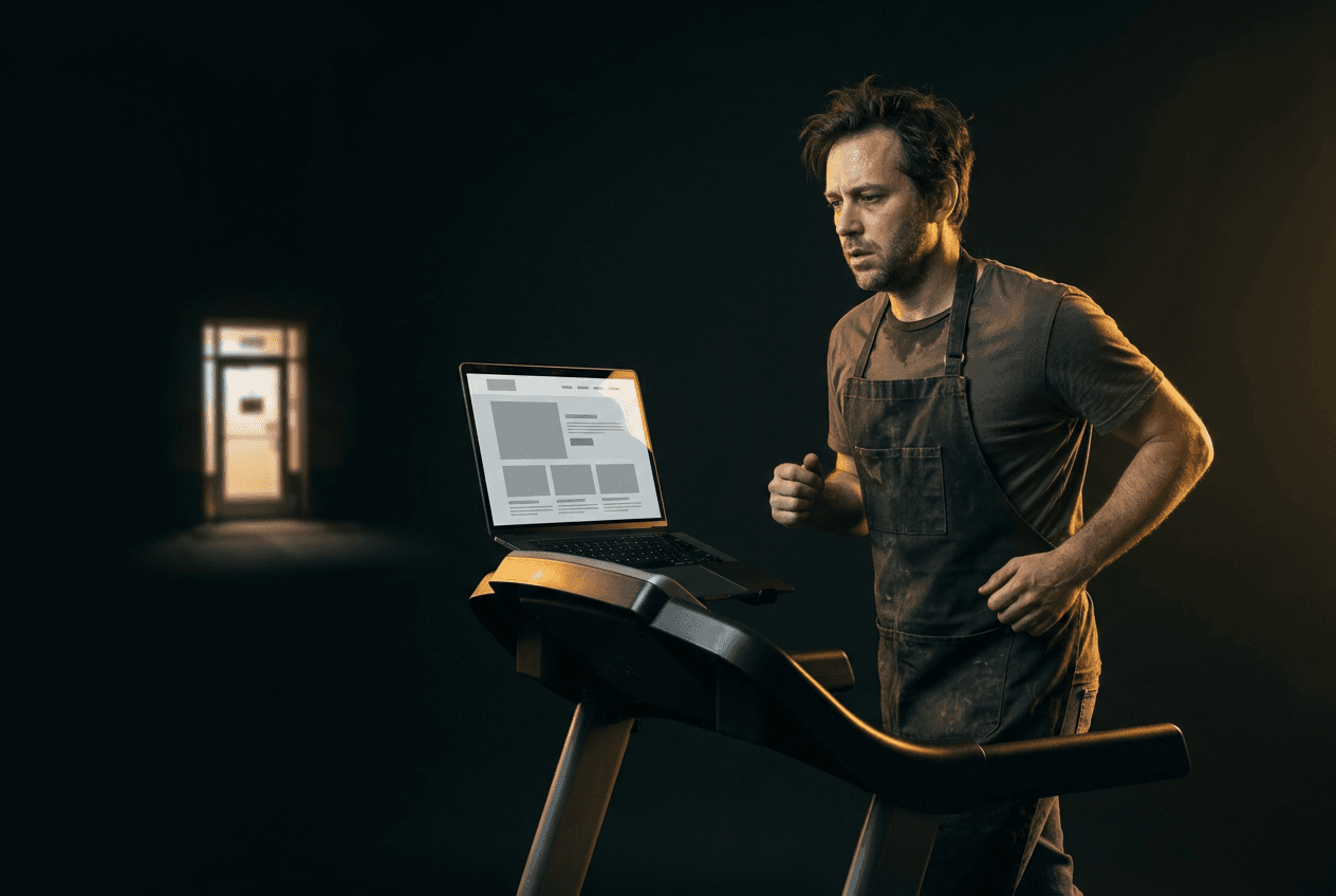 A tired small business owner in a work apron running on a treadmill in a dark room. A laptop on the console shows a clean, empty website, while a lit storefront door in the background stays out of reach.