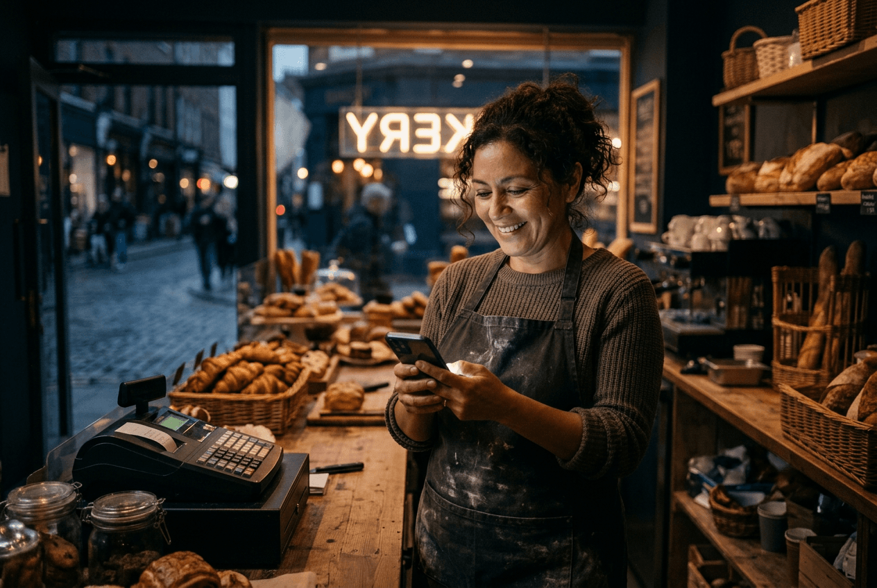 A bakery owner behind her shop counter holding a smartphone that shows an AI chat answer recommending a local business.