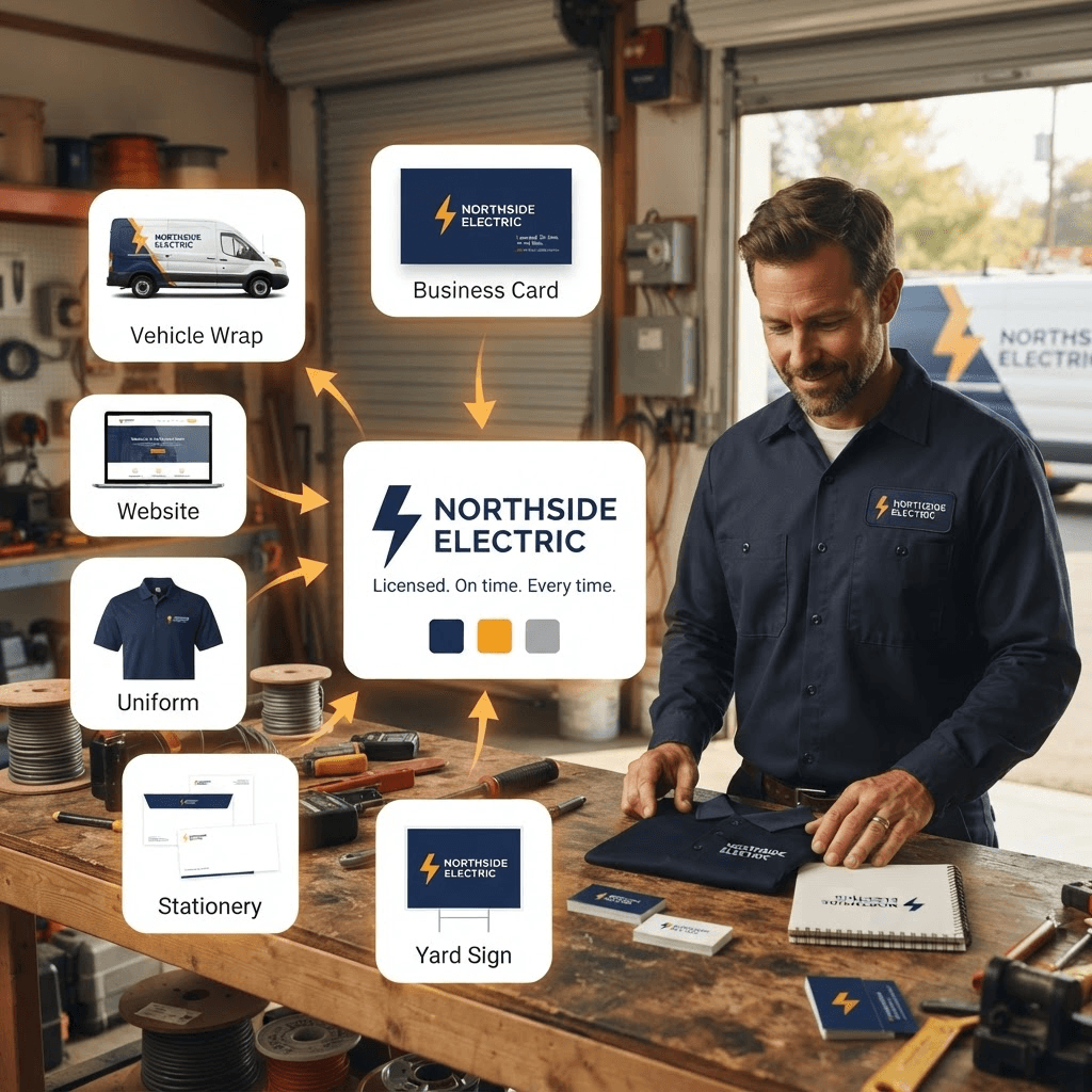 An electrical contractor reviewing a brand identity system, with the same logo and color palette applied consistently across a vehicle wrap, business card, website, uniform, stationery, and yard sign
