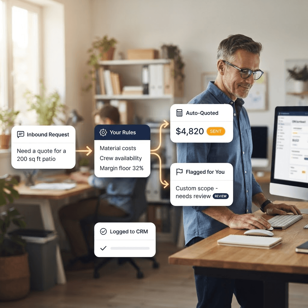 A business owner reviewing a custom quoting system: an inbound request is checked against the owner's own pricing and margin rules, then either auto-quoted or flagged for human review and logged to the CRM
