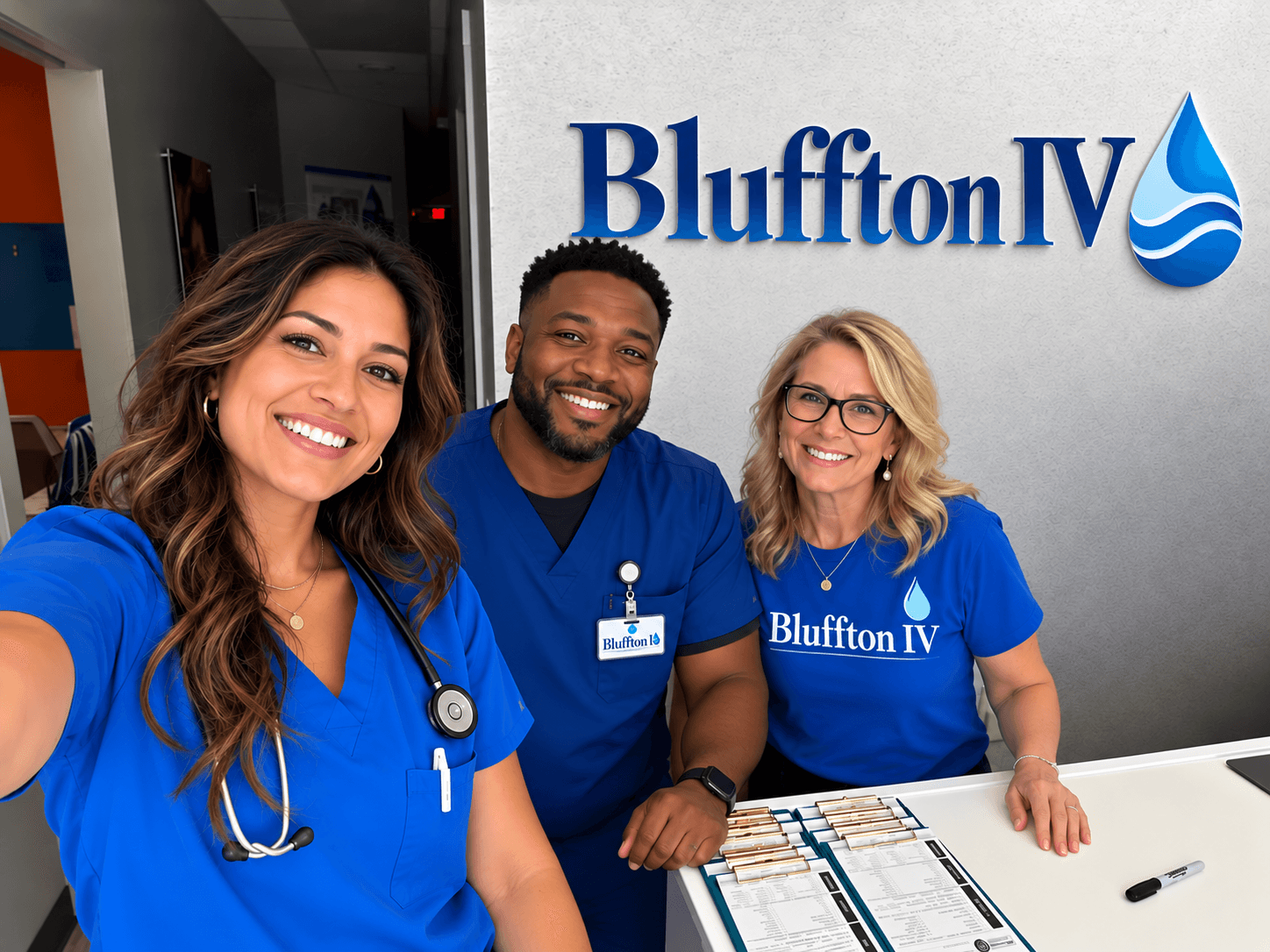 Three smiling Bluffton IV team members in blue scrubs and branded shirts at the clinic's front desk, in front of the Bluffton IV logo sign