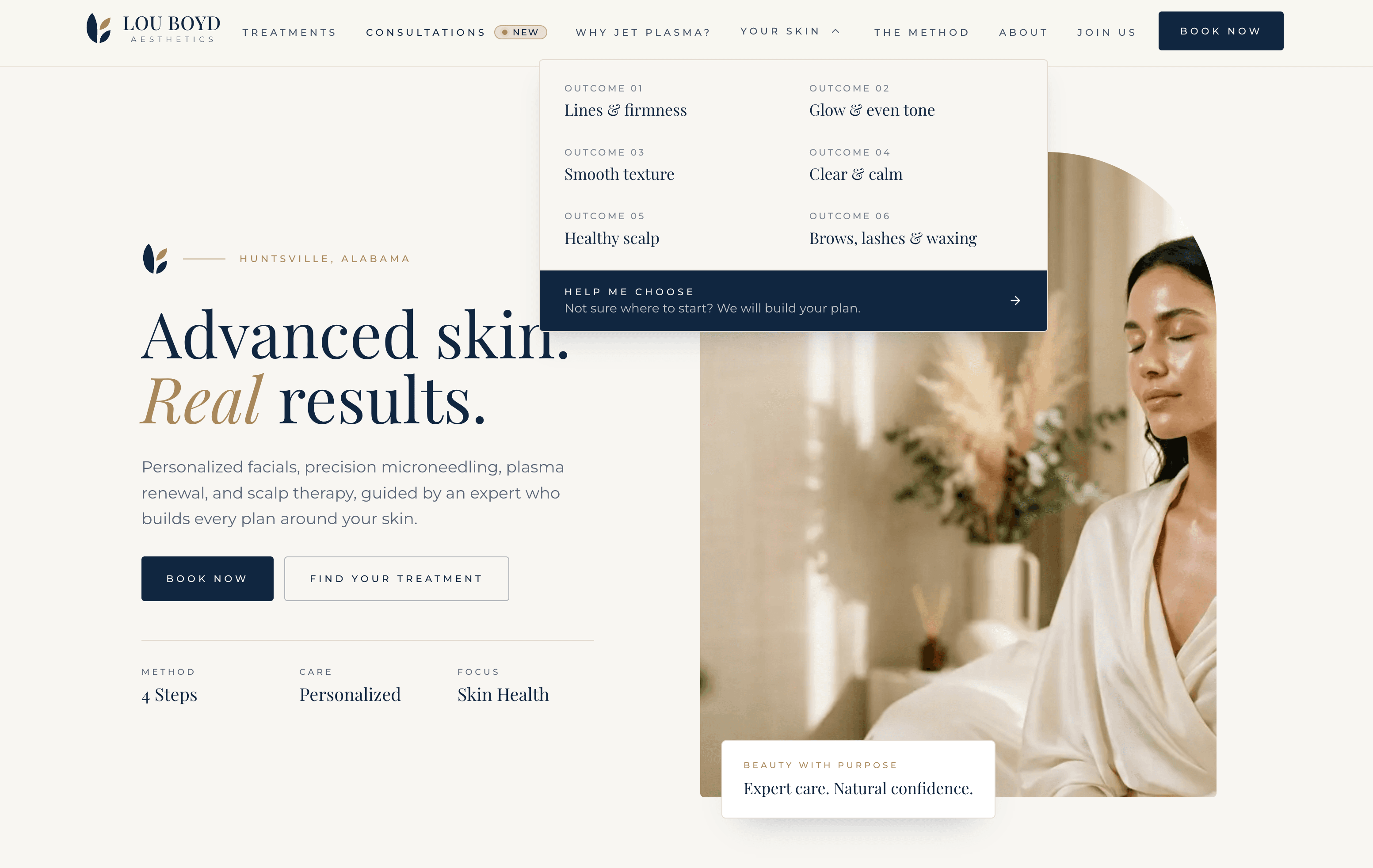 The Lou Boyd Aesthetics homepage. A serif headline reads "Advanced skin. Real results." beside a photo of a client in a robe. The "Your Skin" menu is open and lists six outcomes, including lines and firmness, glow and even tone, and healthy scalp, with a "Help me choose" prompt.