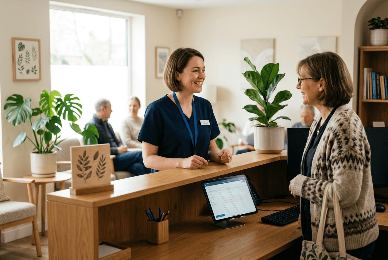 A receptionist at a modern local medical practice greeting a patient at the check-in desk beside a tablet showing the day's appointments