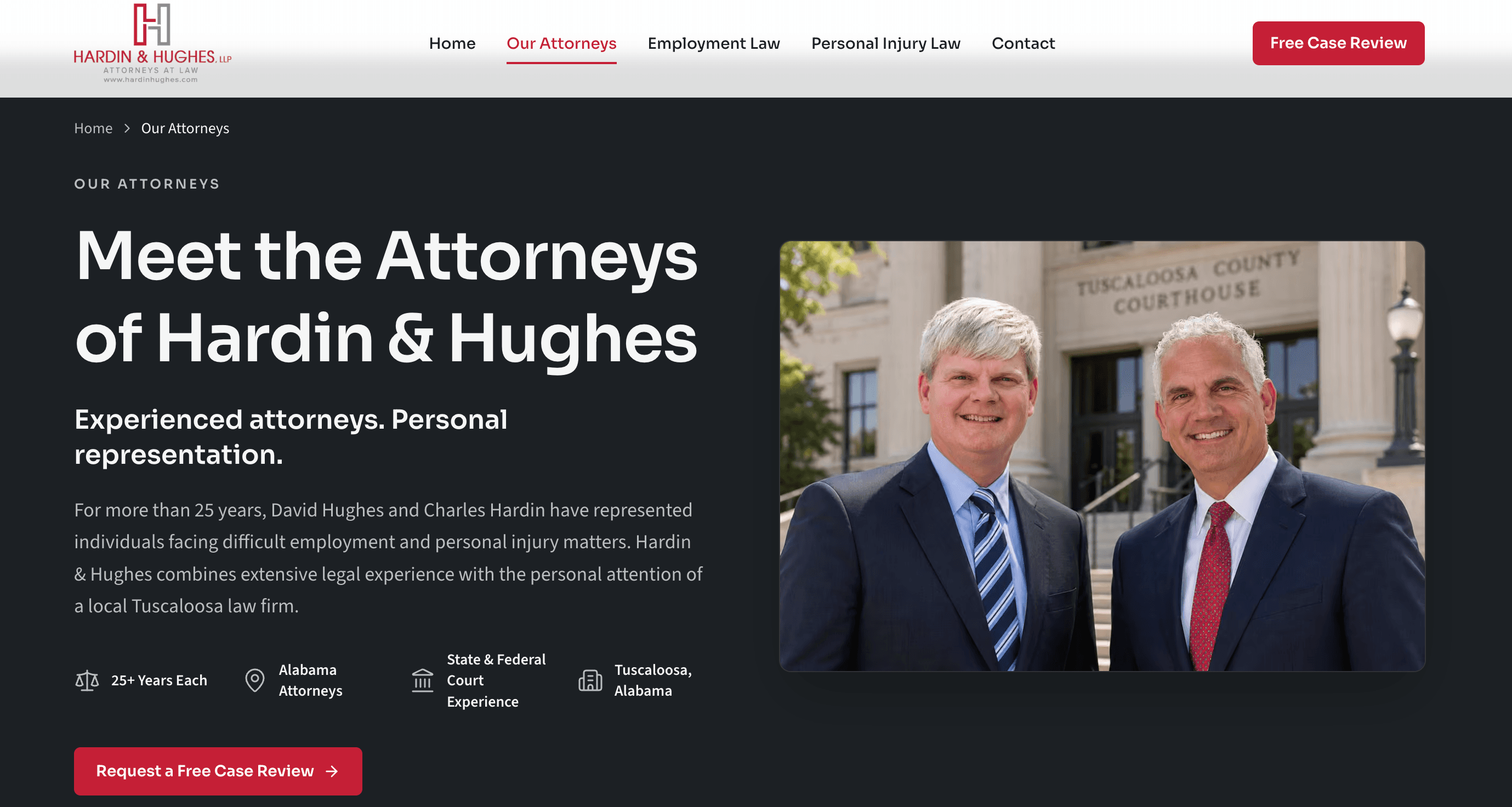 The Hardin & Hughes attorneys page built by Versus, showing the firm's two partners in front of the Tuscaloosa County Courthouse