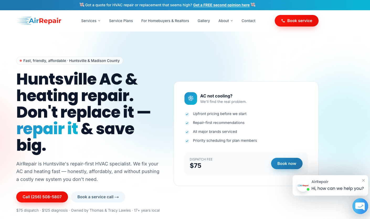 AirRepair's Huntsville HVAC homepage, headlined "Huntsville AC & heating repair. Don't replace it — repair it & save big." beside a booking card listing upfront pricing, repair-first recommendations, and a $75 dispatch fee.