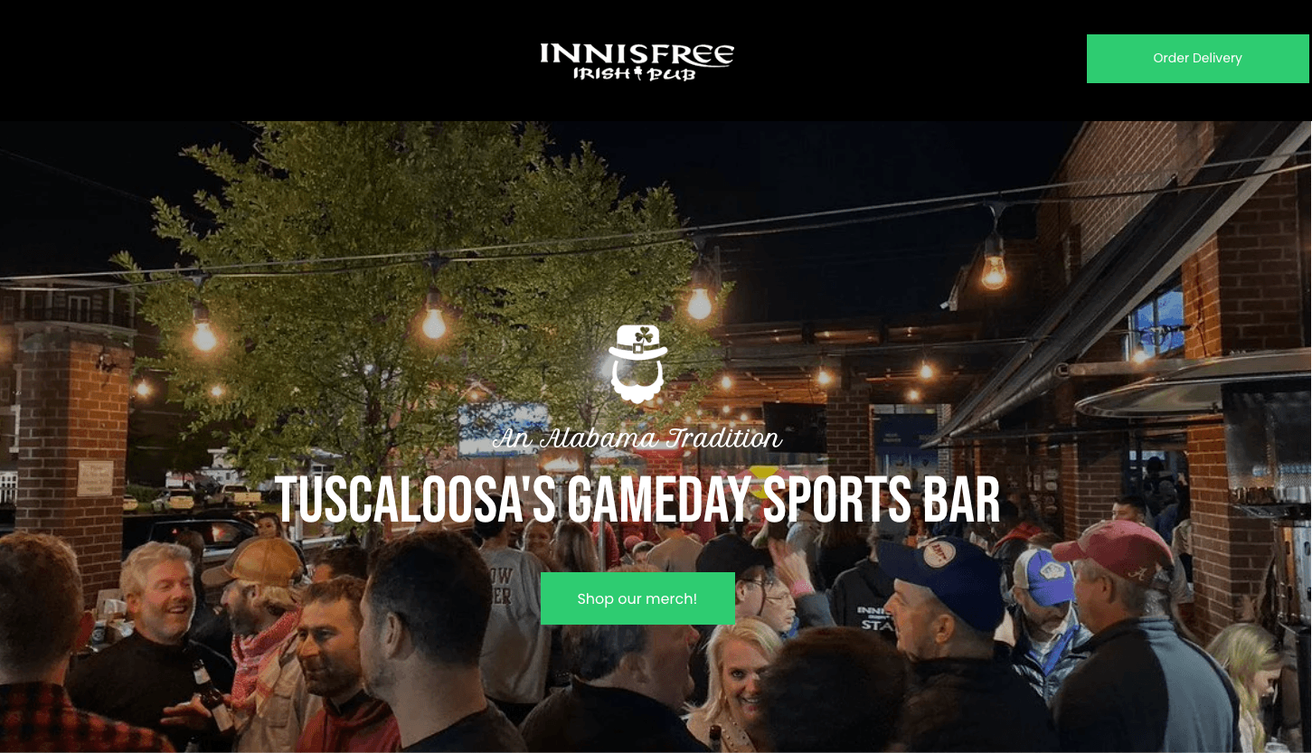 Innisfree Irish Pub's homepage showing a packed outdoor patio at night under string lights, with the tagline "An Alabama Tradition" above "Tuscaloosa's Gameday Sports Bar" and an Order Delivery button.