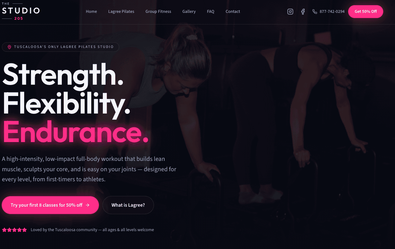 The Studio 205 homepage on a dark background, headlined "Strength. Flexibility. Endurance." over a photo of a client training on a Megaformer, with a call to action to try the first eight classes for 50% off.