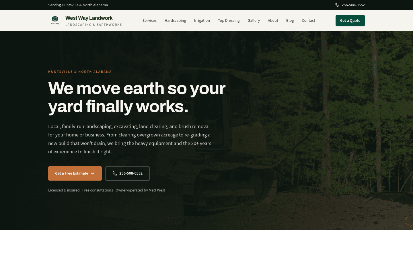 West Way Landwork homepage built by Versus, headlined “We move earth so your yard finally works,” with Get a Free Estimate and click-to-call buttons over a bulldozer clearing land.