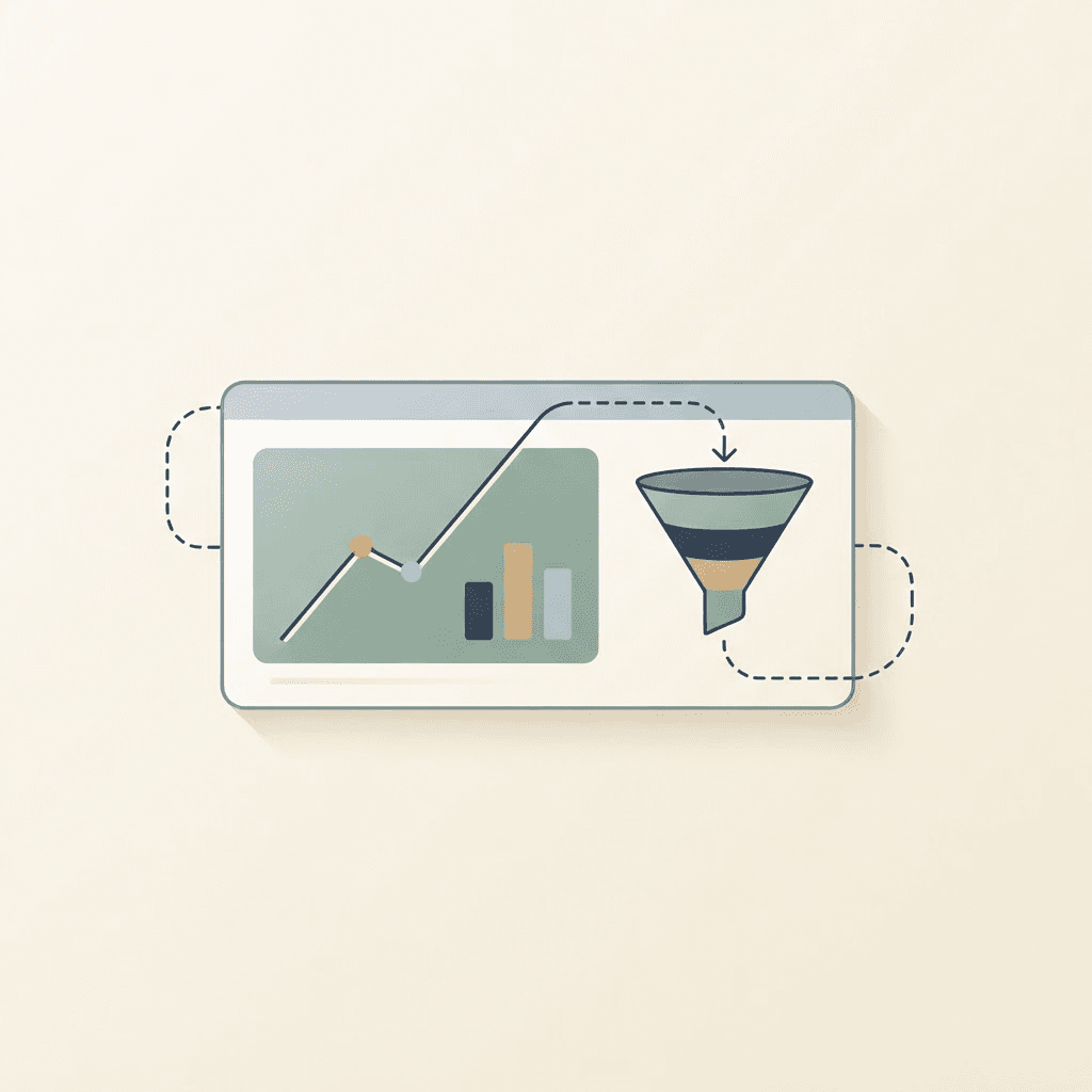 A dashboard with a rising trend line and a funnel, joined by dashed lines that loop back around.