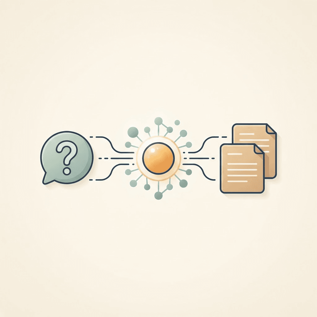A question bubble feeding into a glowing network node that connects onward to document pages.
