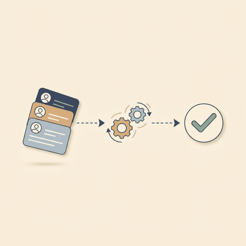 Stacked contact cards moving along dashed arrows through automation gears to a completed checkmark.