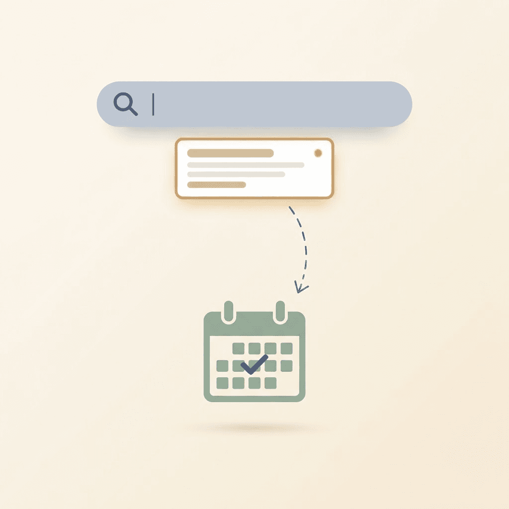 A search bar above a highlighted sponsored result, with a dashed arrow curving down to a booked calendar date.