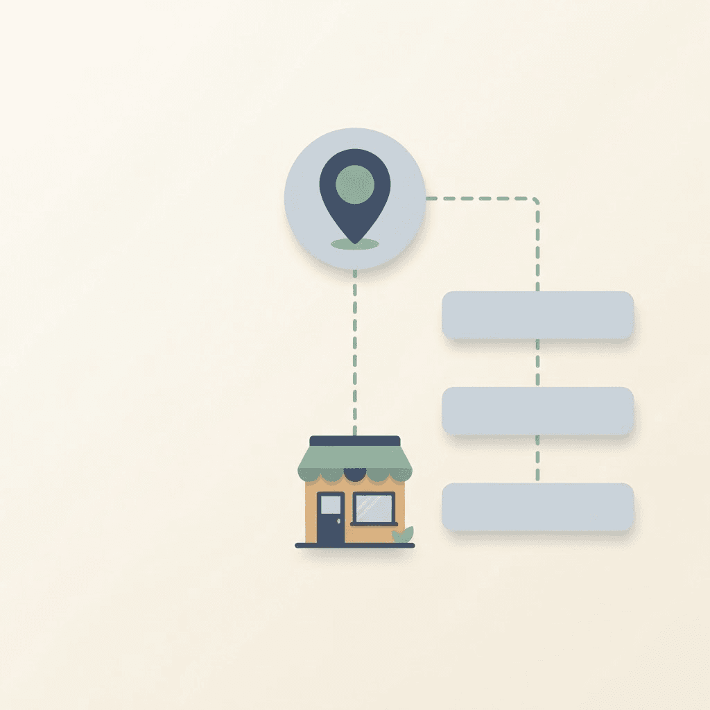A map pin above a local storefront, dashed lines linking both to a stack of search results.